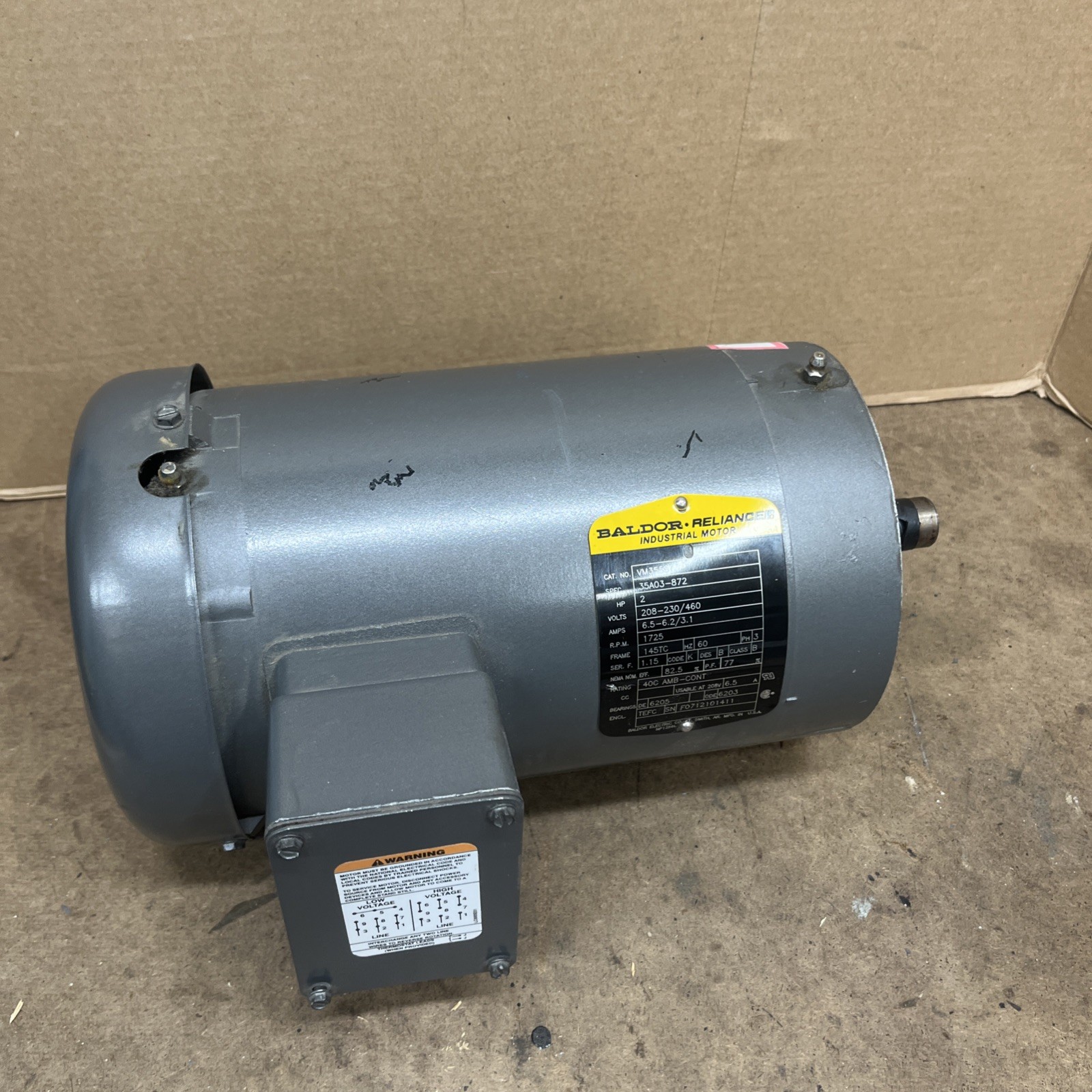 Used Baldor Reliance VM3558T Motor 35A03-872 2HP 208/230/460 Volt 1725 RPM 145TC