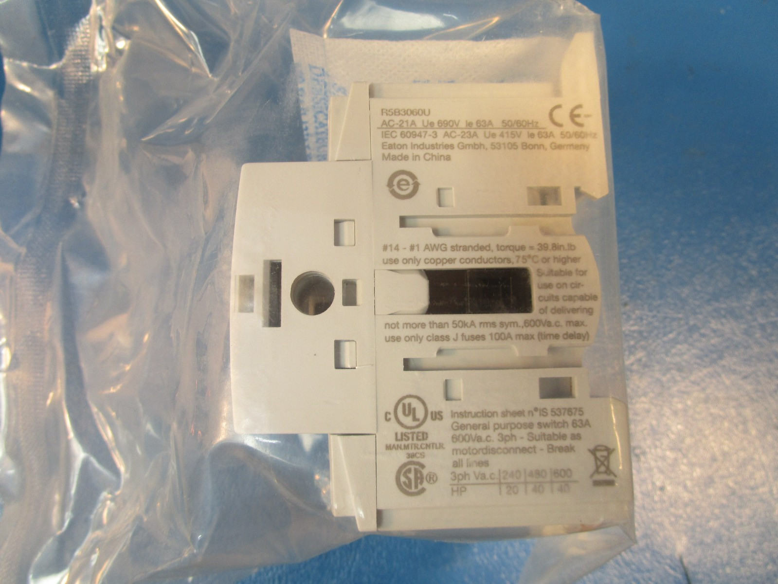 EATON R5B3060U, DISCONNECT SWITCH, ROTARY, B-FRAME, 60 AMP, 3P, 600VAC