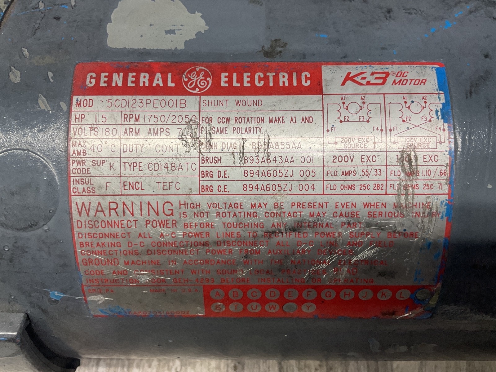 GENERAL ELECTRIC GE K-3 DC MOTOR 5CD123PE001B 1.5HP 180V 1750/2050 RPM #12B47PR3