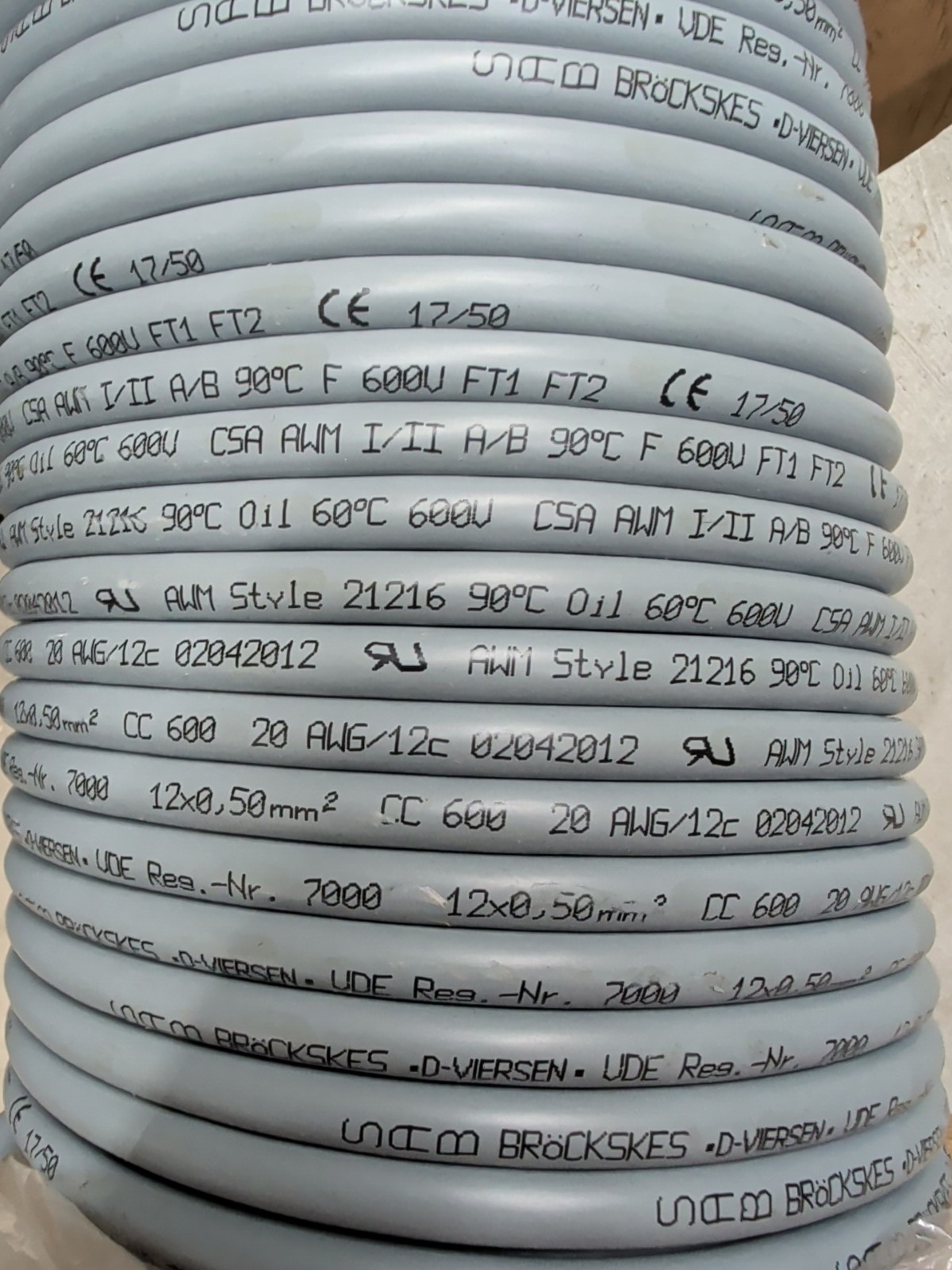 SAB 2042012 Control cable 12C, 20AWG, 16×32, BC, PVC ins, Gray PVC jkt, UL 100ft