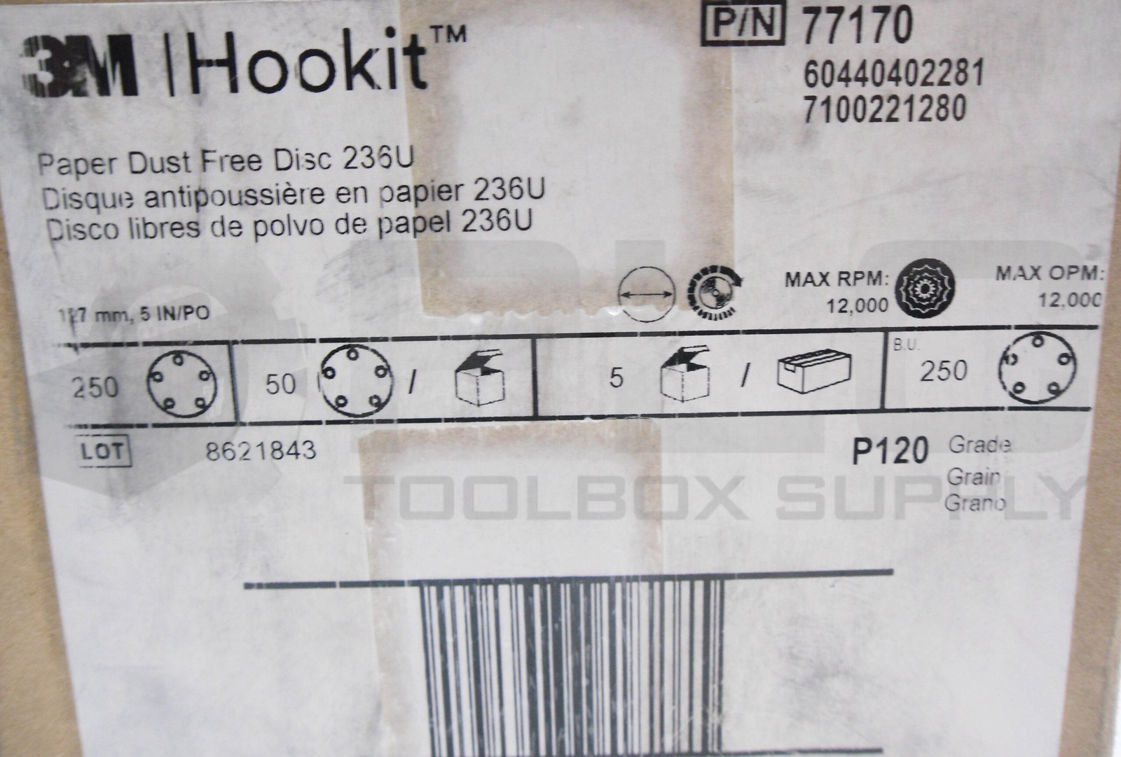 NEW SEALED BOX OF 250 3M 77170 HOOKIT PAPER DUST FREE DISC 5″ 127MM P120 GRIT