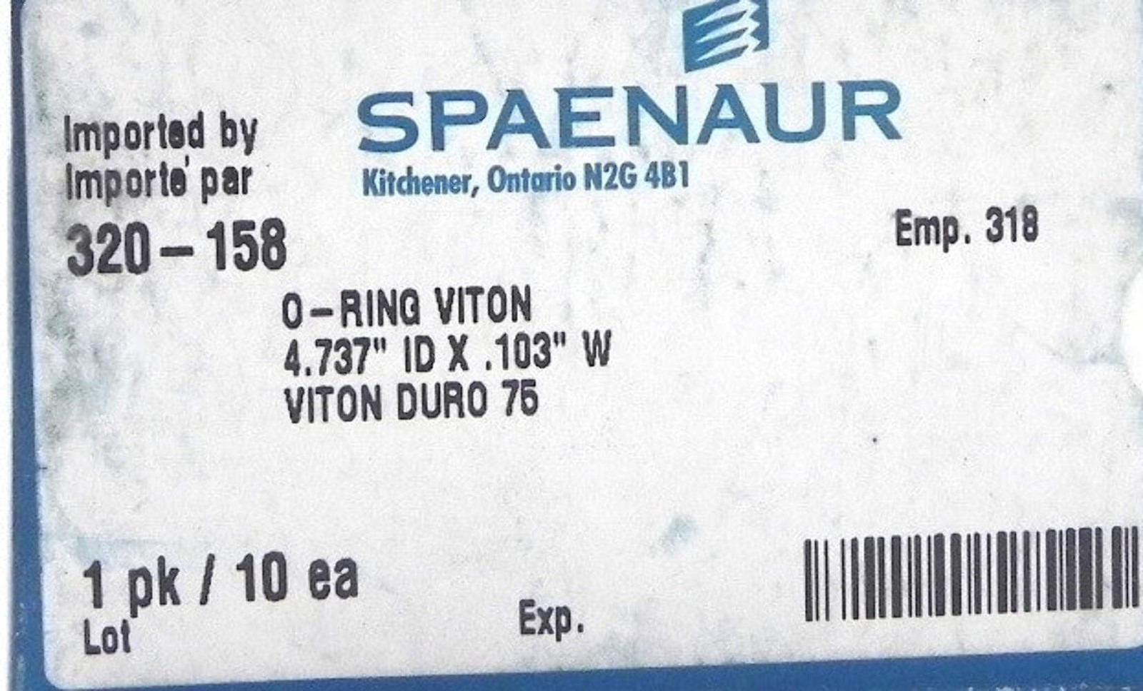 Spaenaur O Ring Viton 75 Duro Black 320-158 (10 Pcs)