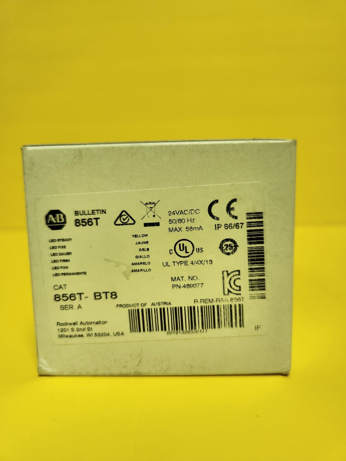 New Allen Bradley 856T-BT8 Ser A Yellow Steady LED Stack Light 24VAC/DC