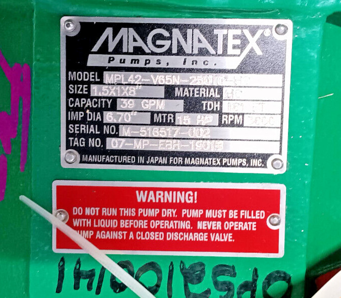 NEW MAGNATEX MPL42-V65N-250TC-HC MagDrive Sealess PUMP ASSEMBY 15HP!!!