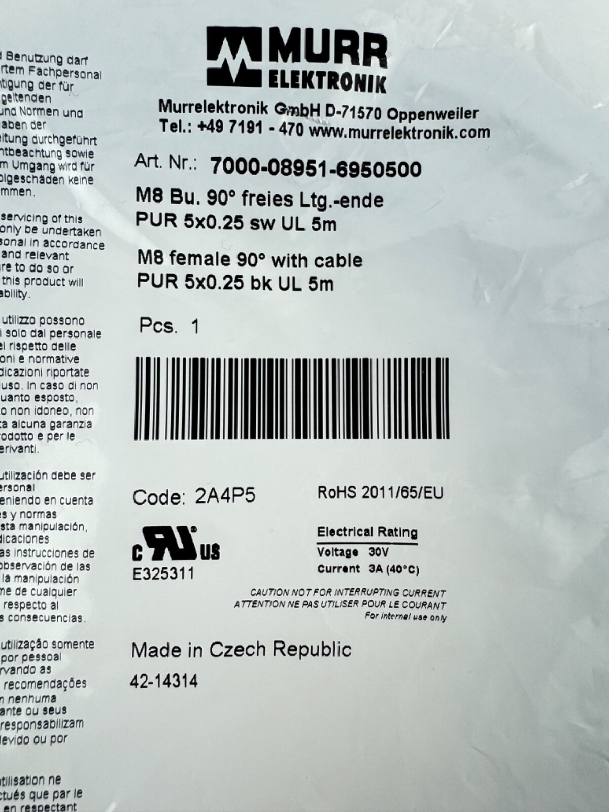 Murr Elektronik 7000-08951-6950500 M8 Bu. 90 degree