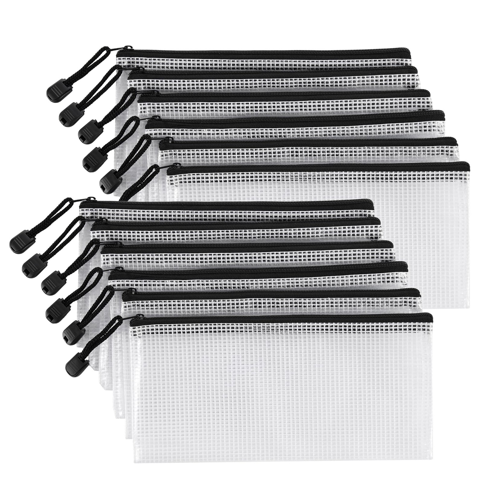 Lidwot 12 Pieces Clear Plastic Mesh Zip Pouch Length23cm X Width11.4cm, Black