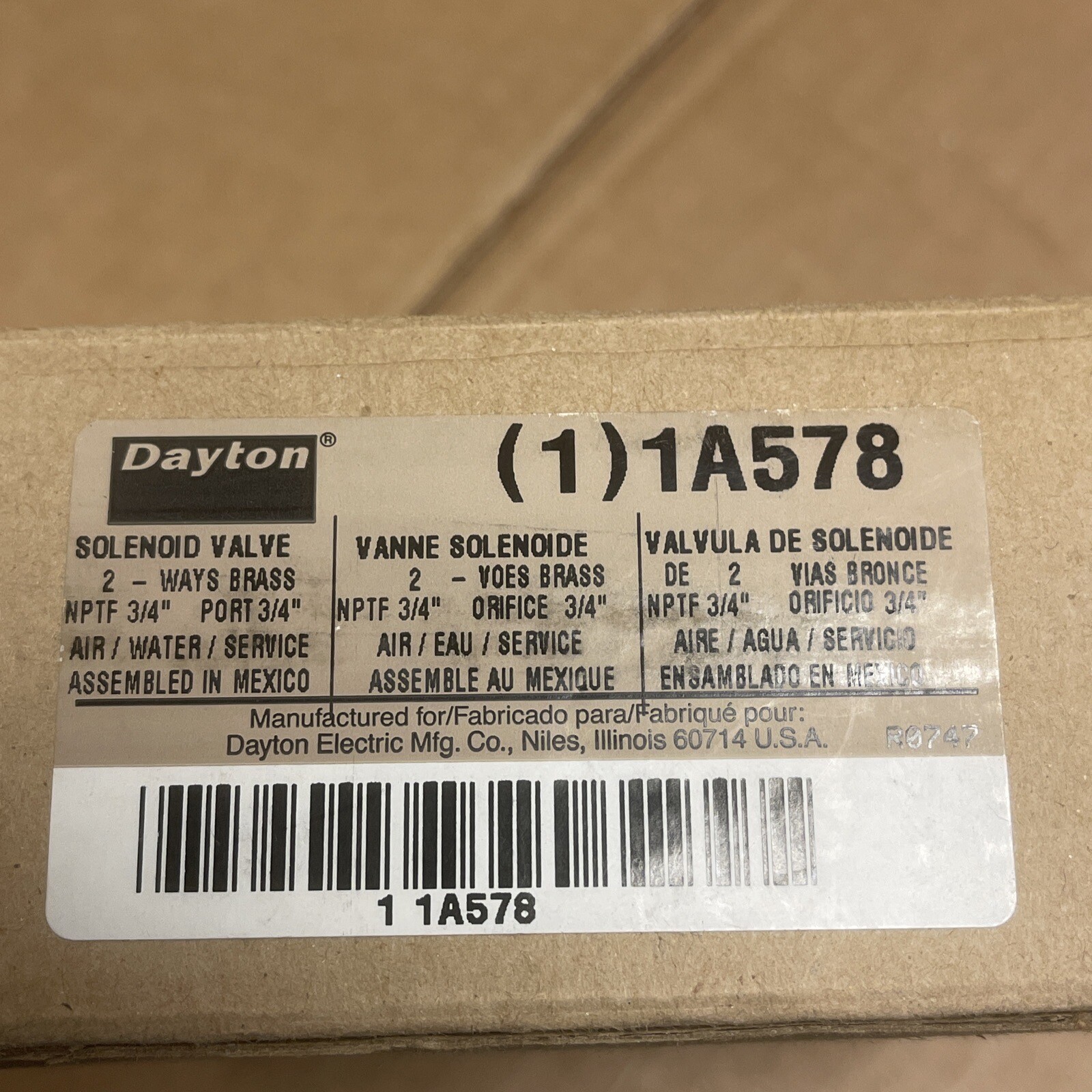 DAYTON 1A578, Solenoid Valve, 2 ways Brass, 3/4″ ports