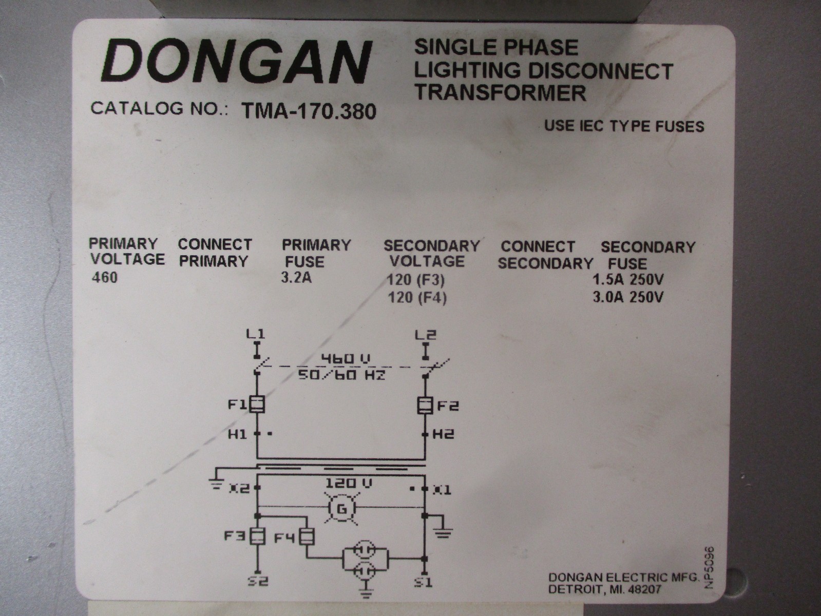 Dongan TMA-170.380 Pri. 460V 1PH Lighting Disconnect Transformer 53304AH