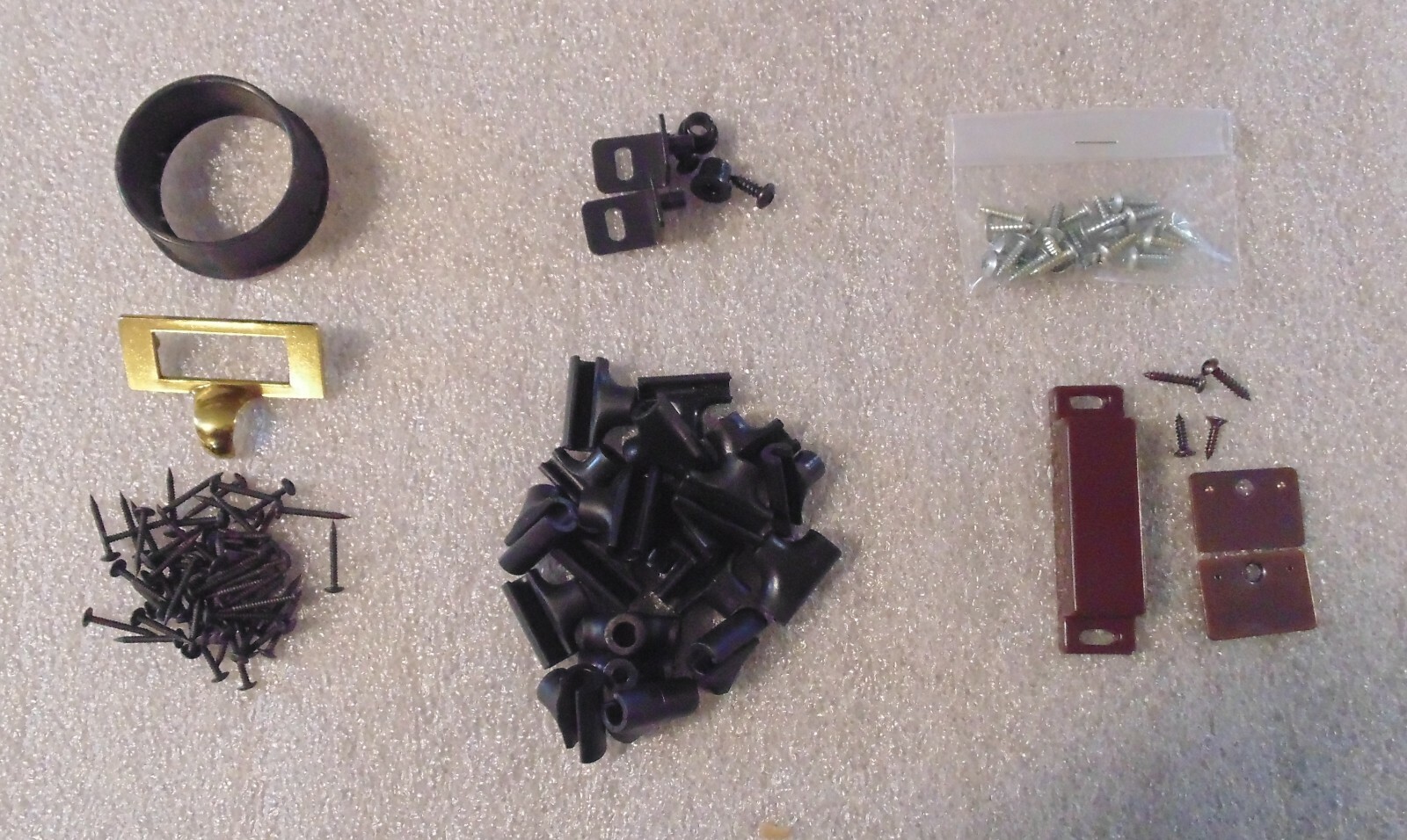 ASSORTED LOT OF BUSH CABINET HARDWARE, HINGES, BOLTS, TITUS FASTENER, CLOSURES