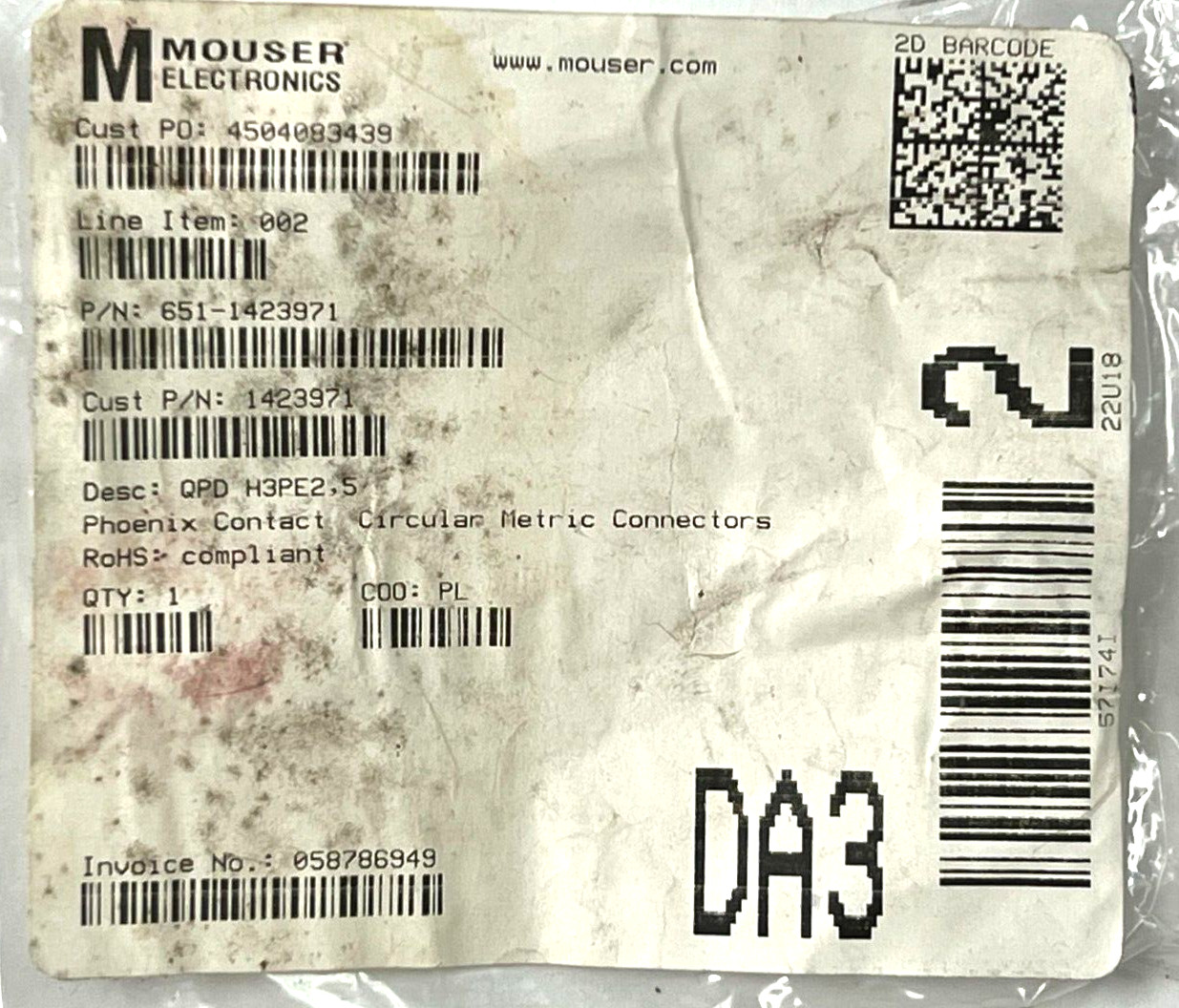 MOUSER 651-1423971 CIRCULAR METRIC CONNECTOR QPD H3PE2.54X6-10BK