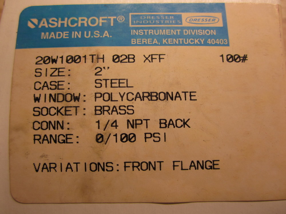 Ashcroft 20W1001TH-02B-XFF-100 Gauge 0-100PSI 5WH22