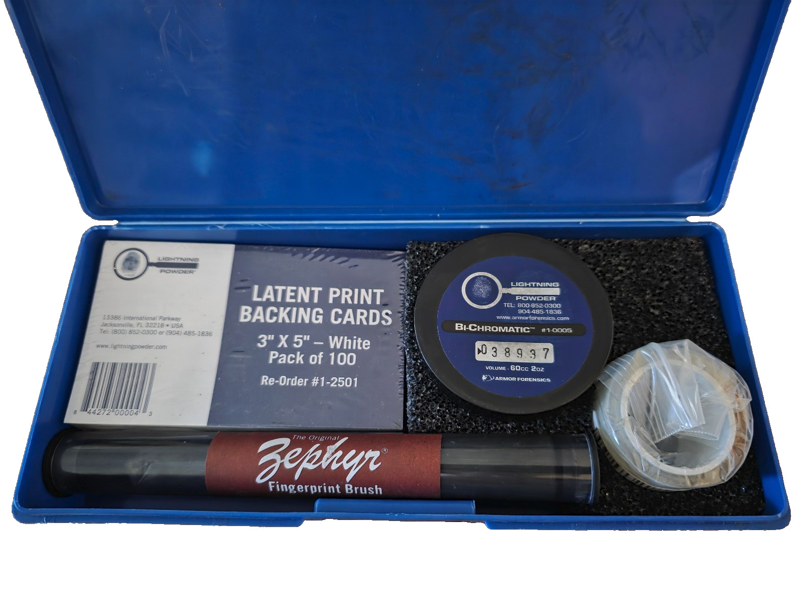 LIGHTNING POWDER Basic Latent Fingerprnt Kit:Bichromatic powder/brush/tape/cards