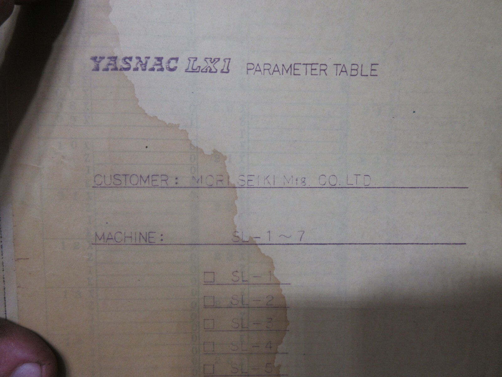 MORI SEIKI SL-3H 1 2 3 4 5 6 7 CNC LATHE YASNAC LX-1 PARAMETERS LIST PARAMETERS