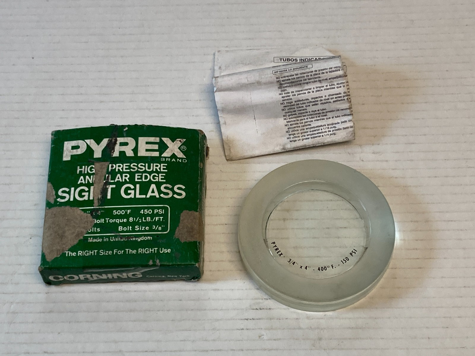 PYREX 3/4″ X 4″ SIGHT GLASS 500 Degrees Fahrenheit 450 PSI High Pressure