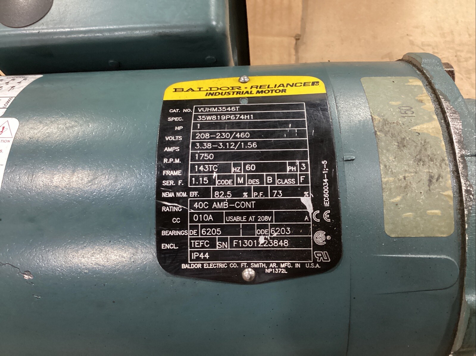 BALDOR RELIANCE 1HP MOTOR VUHM3546T W/23S30R TIGEAR GEARBOX #808KN