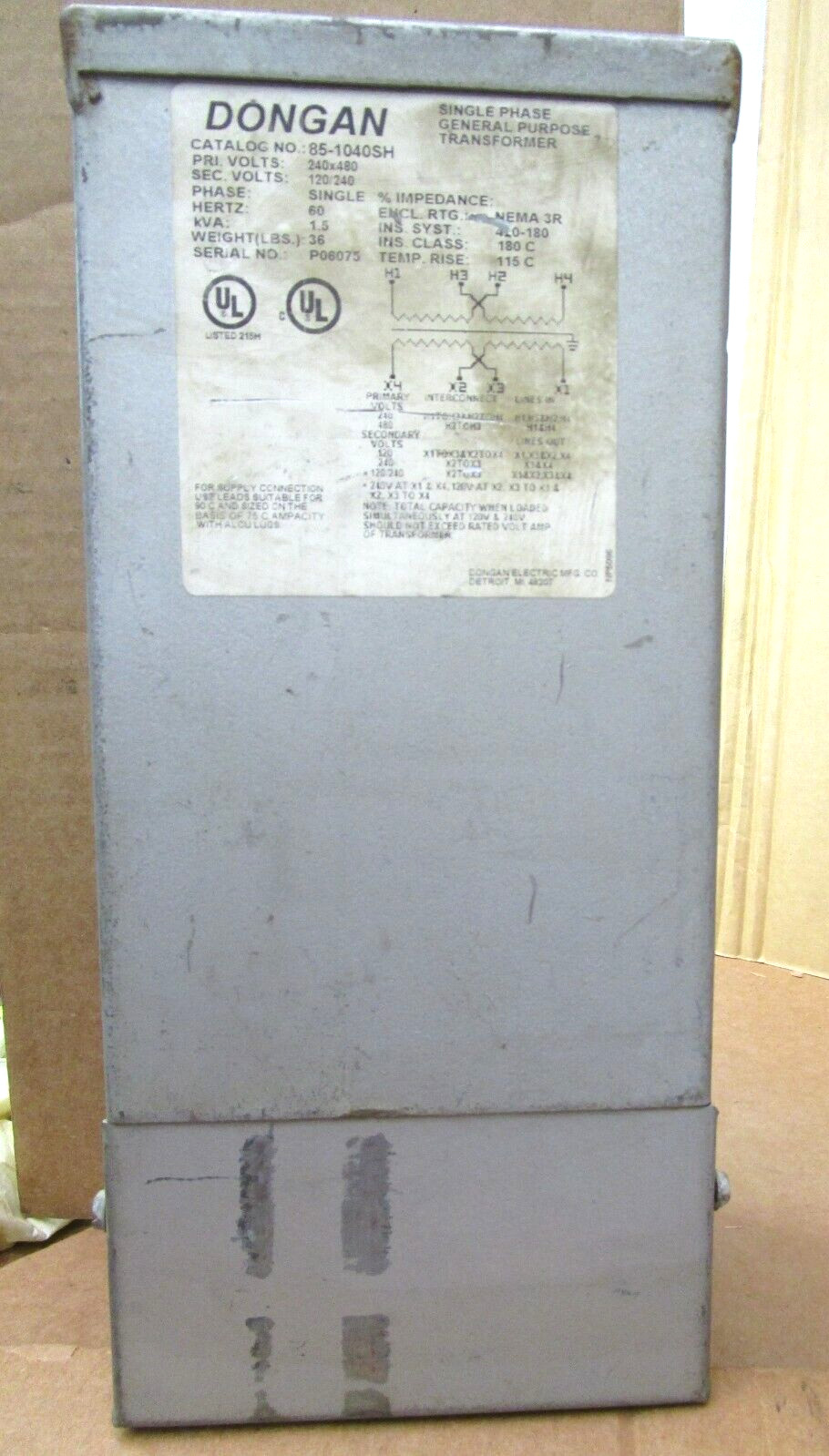 Dongan Single Phase Transformer 1.5kVA 240×480 PRI Volts 120/240 SEC Vol 50832HM