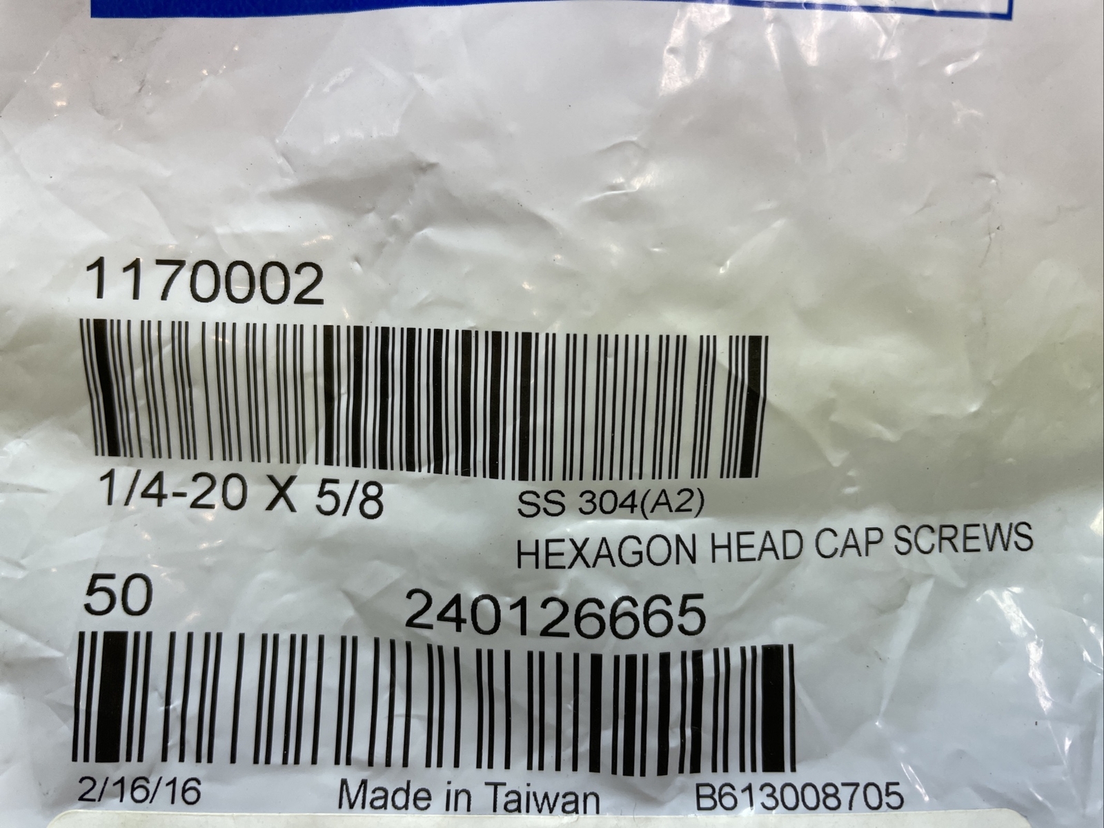 1/4″-20 x 5/8″ ASTM F593 18-8 Stainless Steel Hex Cap Screw, LOT OF 1232