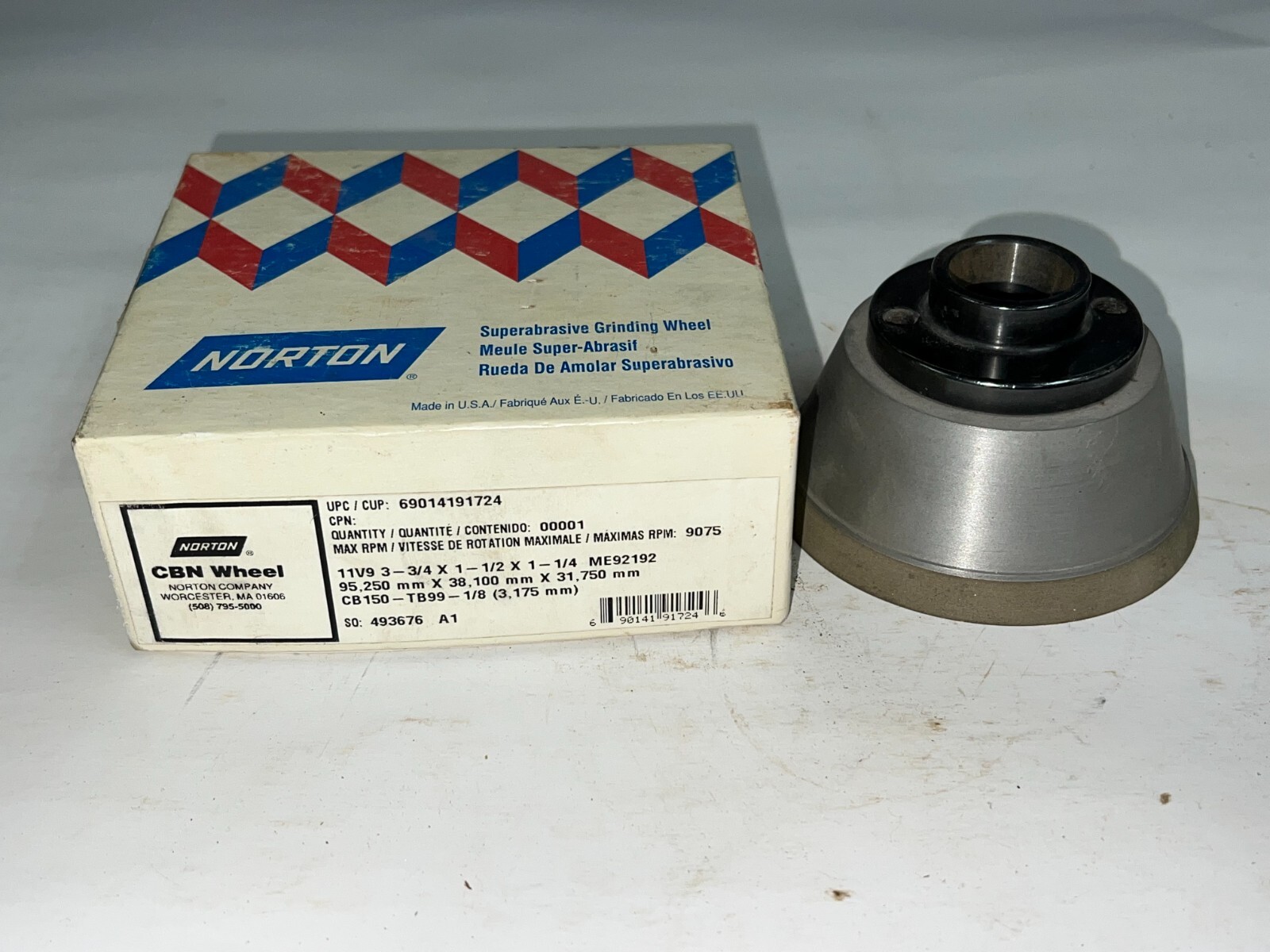 NORTON CNB GRINDING WHEEL 69014191724 3-3/4″ X 1-1/2″ X 1-1/4″ SIZE 150 GRIT