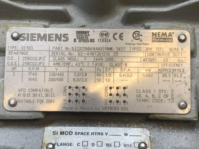 NEW Siemens 2HP Motor 8.50″ Shaft – 1LE23211AB414AA3 w/Warranty