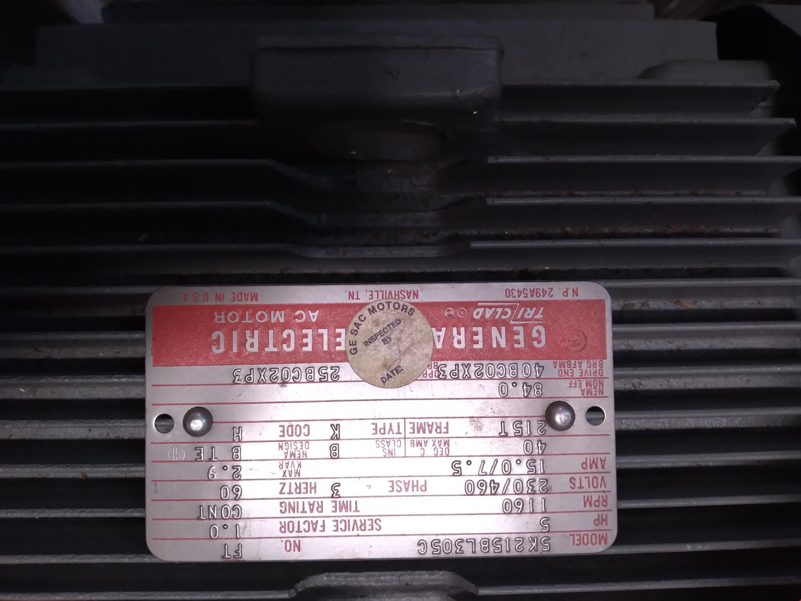 GE FT 60HZ K AC MOTOR 5K215BL305C 5HP 1160RPM 230/460 81 3P
