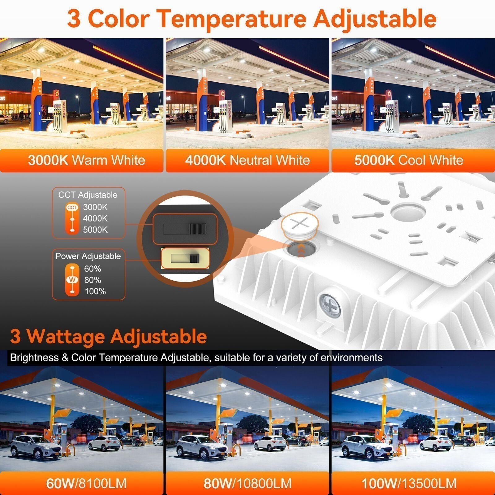 2Pack 100W LED Canopy Light for Gas Station 13500LM Parking Lot Garage Lighting
