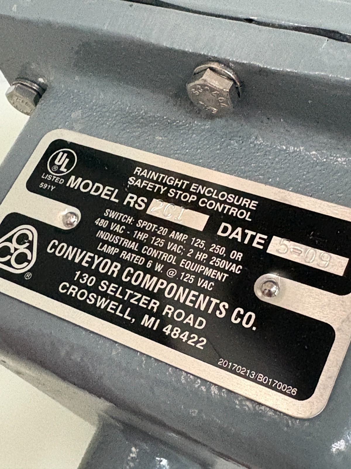 CONVEYOR COMPONENTS CO RAINTIGHT ENCLOSURE SAFETY STOP CONTROL RS 2CI