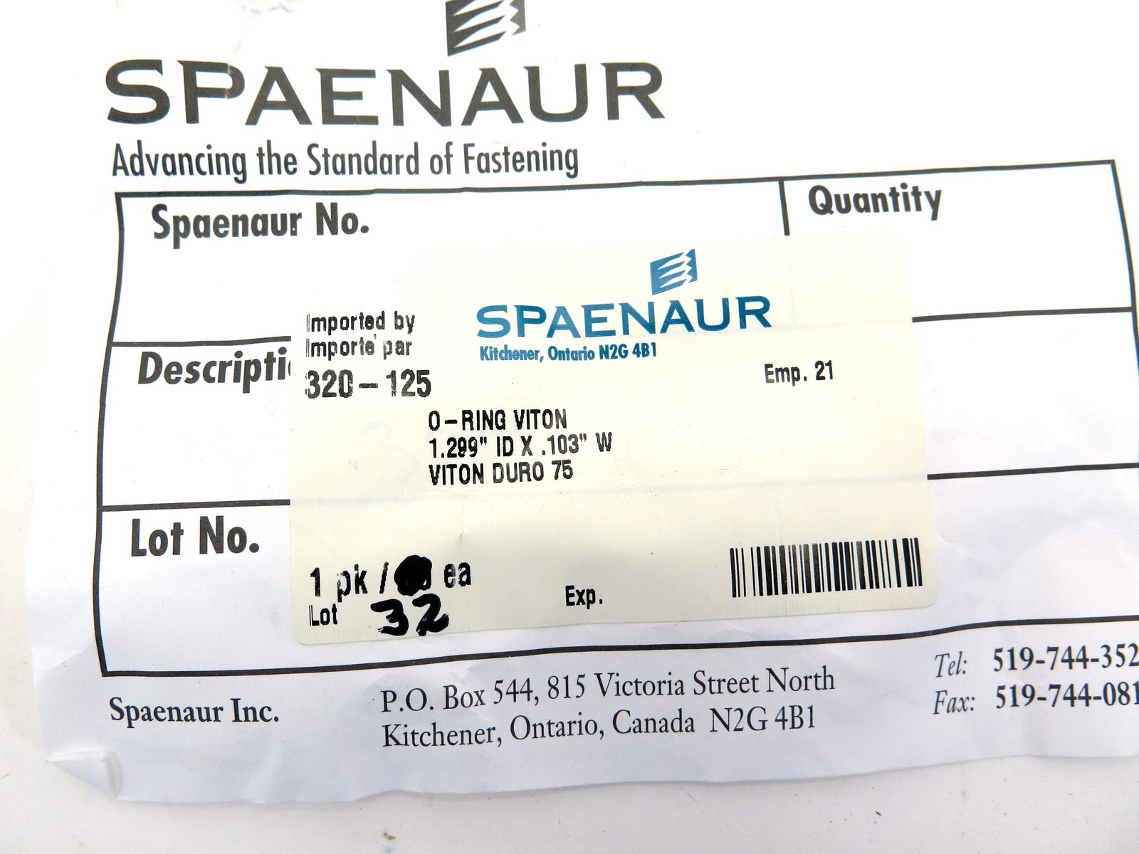 Spaenaur 320-125 O-Ring Viton Duro 75 1.299″ ID X .103W Lot of 32