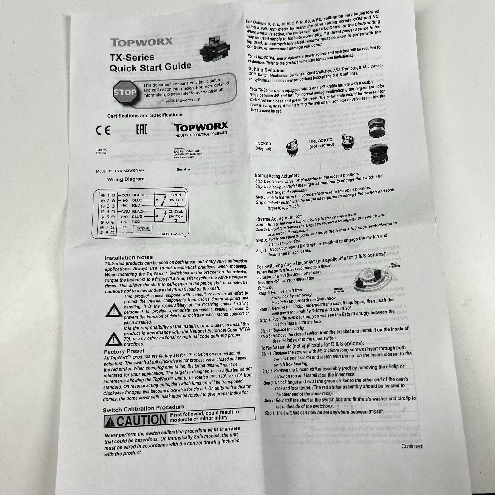 Emerson Fisher TopWorx TVA-M2WGNAM Valve Limit Switch Valvetop Switchbox Control