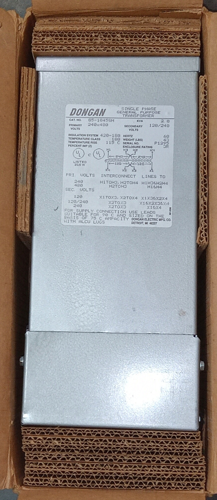 1 NEW DONGAN 85-1045SH 2.0 KVA GENERAL PURPOSE TRANSFORMER NIB ***MAKE OFFER***