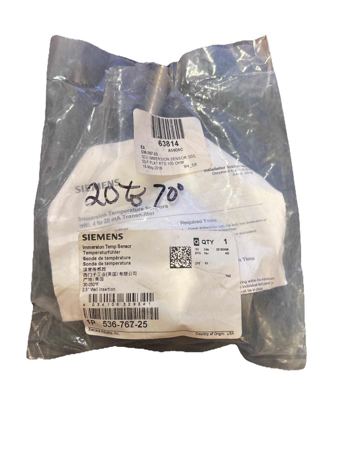 New Siemens Industry 536-767-25 Immersion Temp Sensor 30-250 F Temperature. 6B