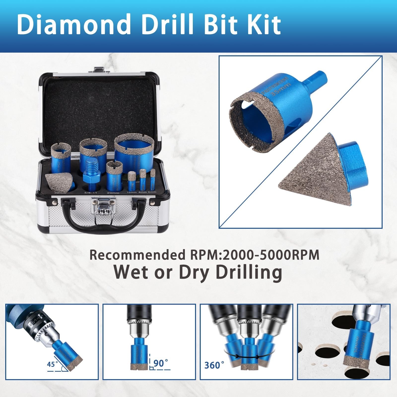 Diamond Drill Bits Set Tile Hole Saw Diamond Hole Saw 9pcs 6/8/10/20/25/35/50…