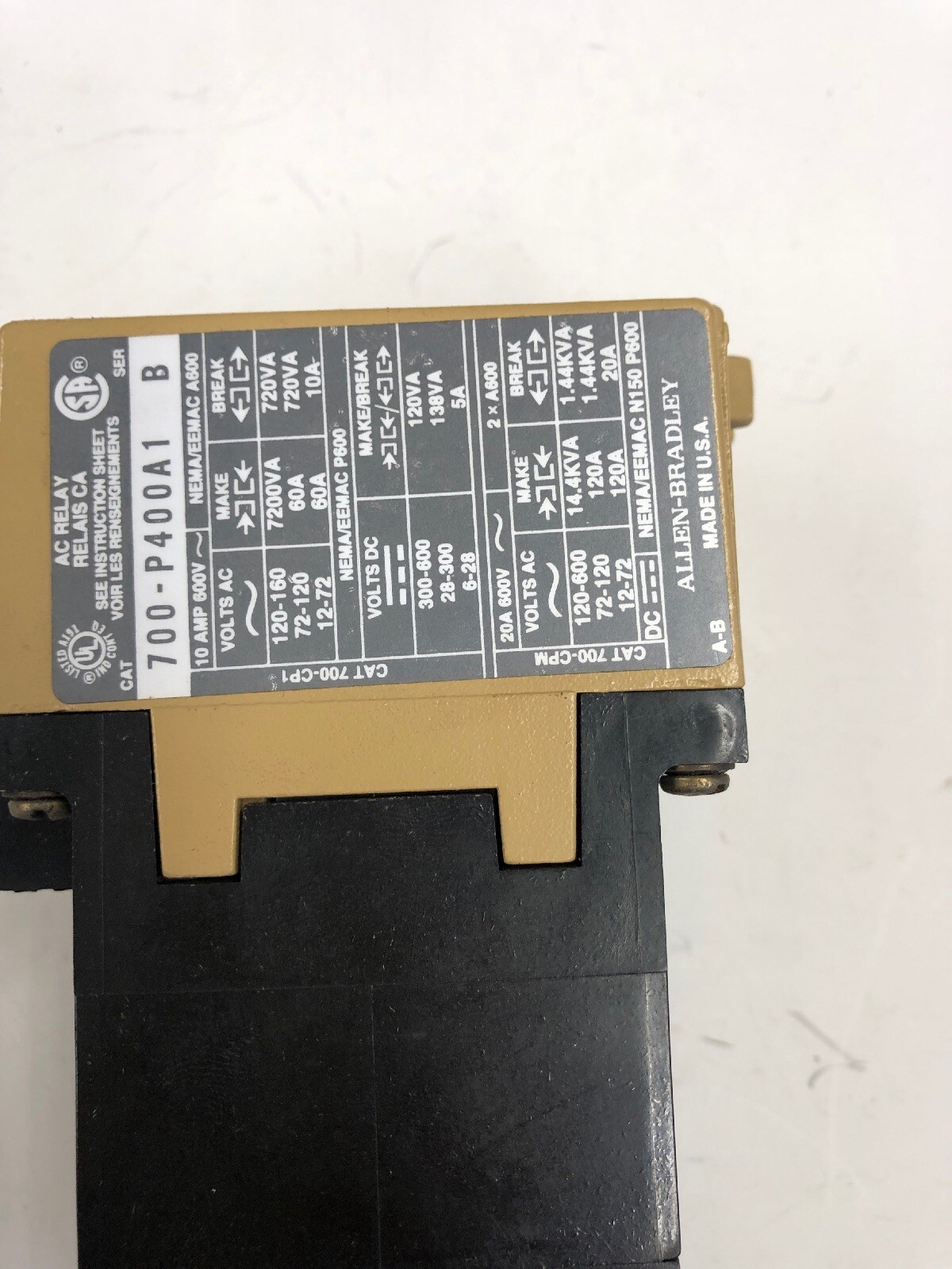 ALLEN BRADLEY 700-PB20 ADDER BLOCK &700-P400A1 AC Relay