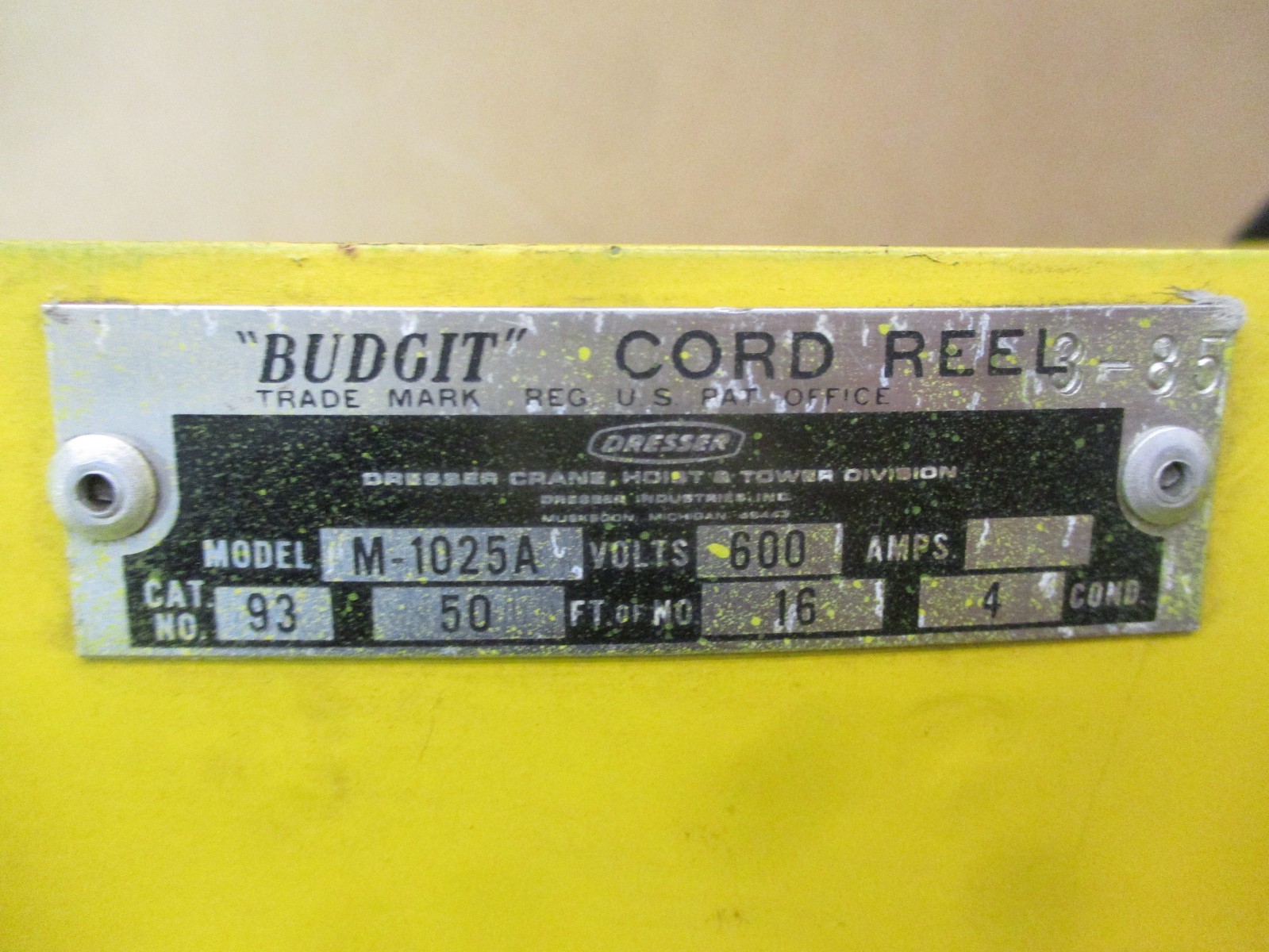 Budgit Cord Reel Dresser Model M-1025A 600V Cat. No. 93 50 FT. No. 16 53141PRX