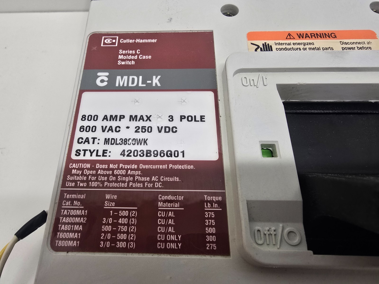 GOOD USED! CUTLER-HAMMER 800A 3-POLE CIRCUIT BREAKER MDL3800WK