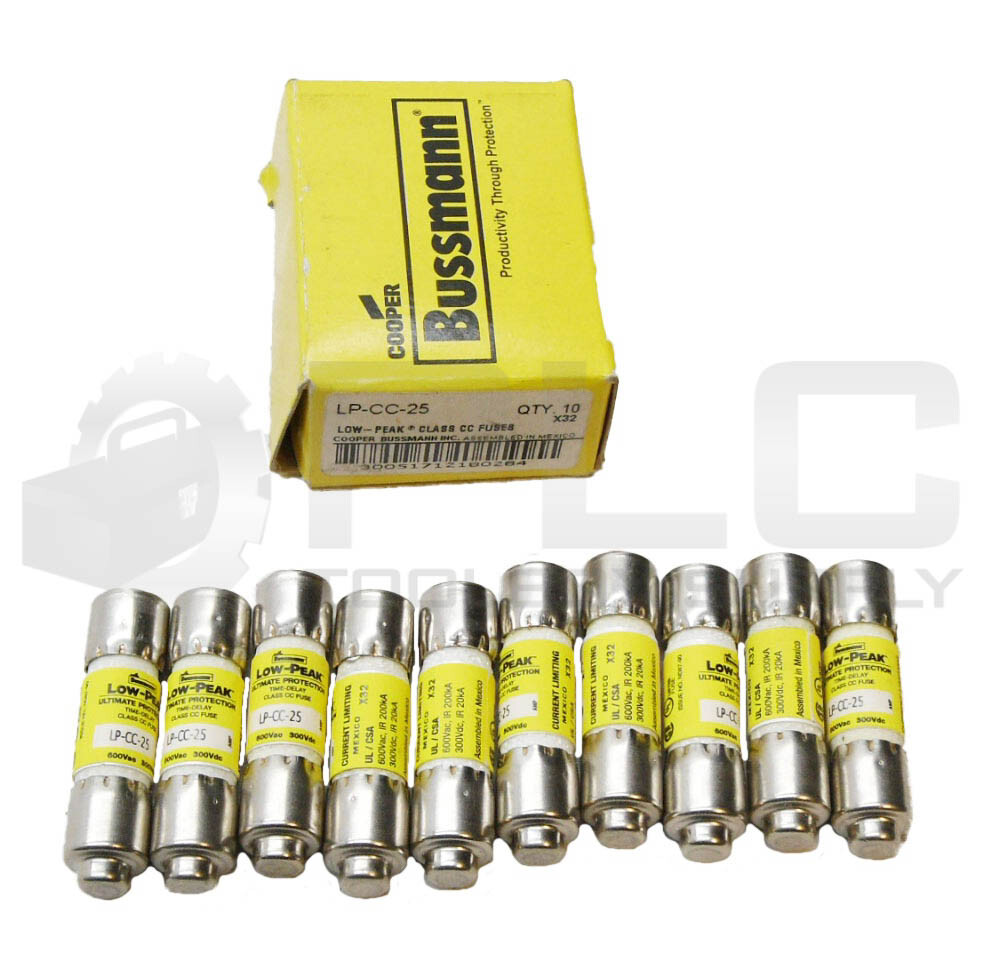 NEW BOX OF 10 BUSSMAN LP-CC-25 LOW PEAK FUSE 25A 600VAC