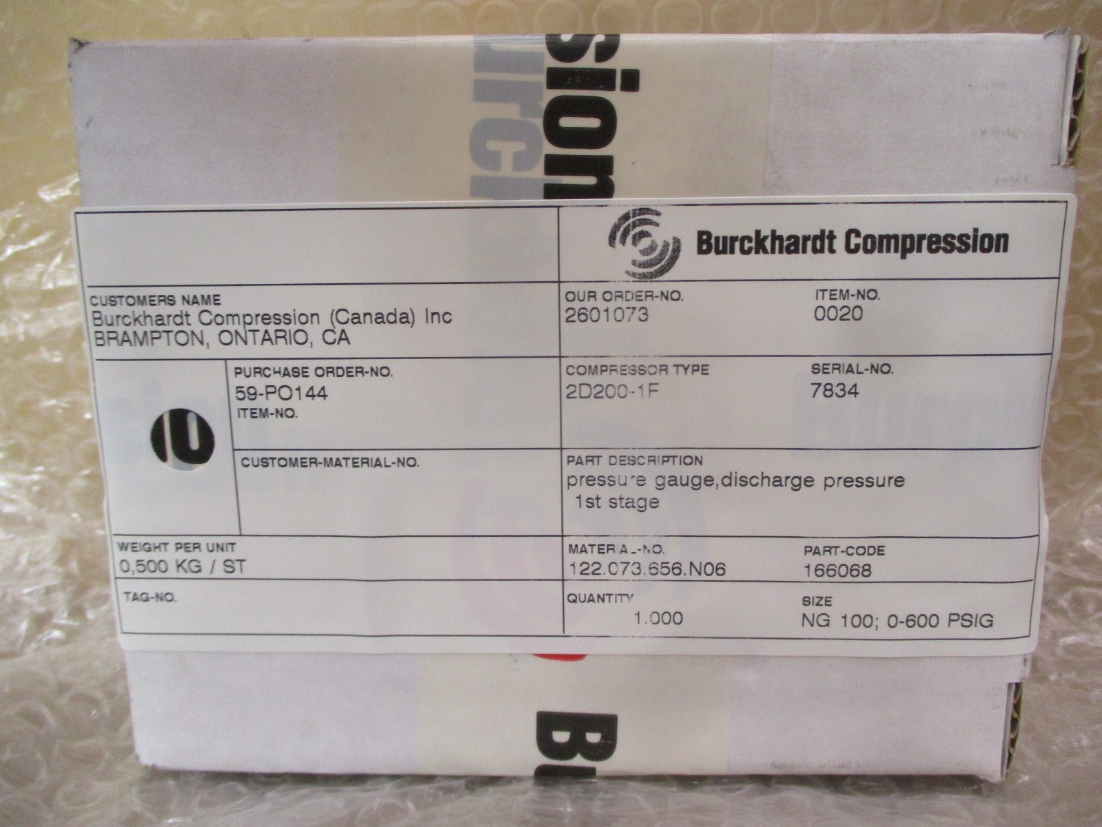 New Burchardt Compression 1st Stage Discharge Pressure Gauge 2D200-1F 53101PRX