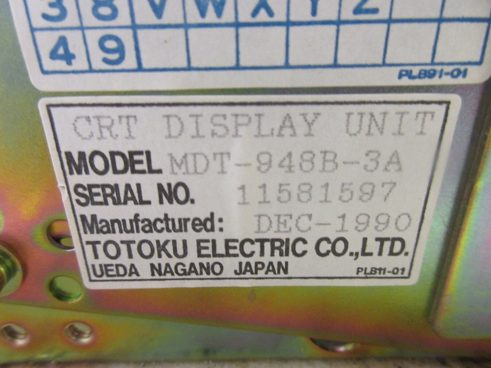*SPECIAL PRICE* TOTOKU CRT DISPLAY MONITOR MDT-948B-3A PLB11-01 8C231 EACH 1