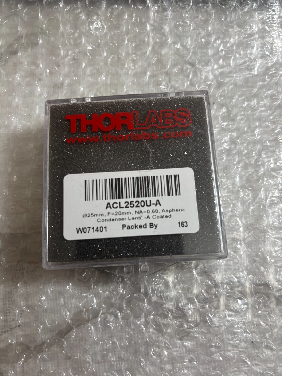Thorlabs ACL2520U-A Aspheric Condenser Lens, Ø25 mm, f=20.1 mm, NA=0.60 ARC: 350