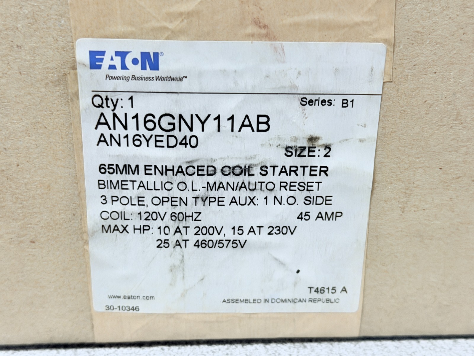NEW SEALED EATON AN16GNY11AB Sz 2 ENHANCED COIL MOTOR STARTER 600V 45A 120V COIL