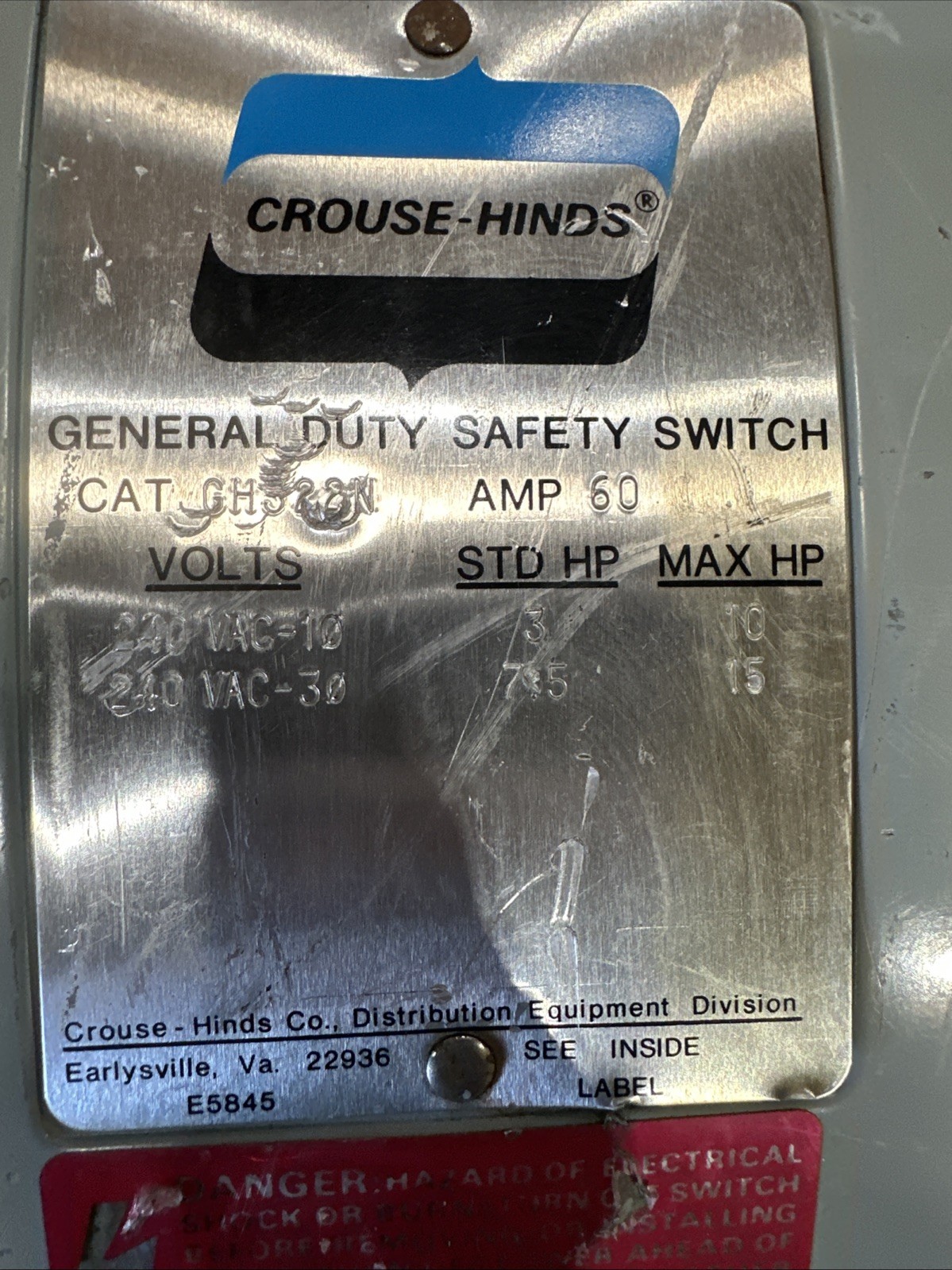 🔴Eaton Crouse Hinds CH322N 240VAC 60A Safety Switch Disconnect‼️VINTAGE‼️
