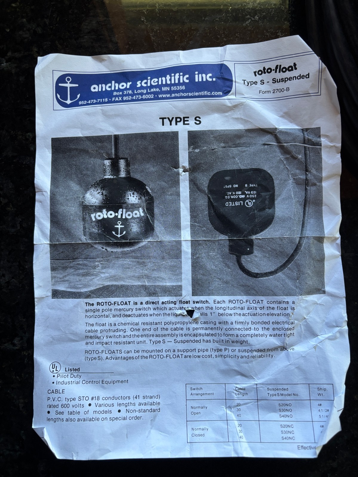 Anchor Scientific P80NO Float Switch 80′
