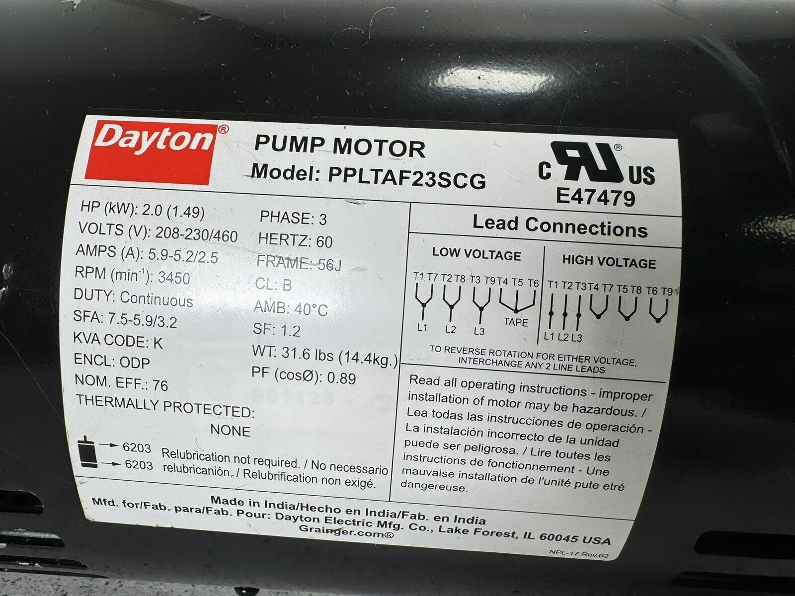DAYTON PPLTAF23SCG Motor,2 hp, 208-230/460V AC,3 Phase 23AU16 Untested!