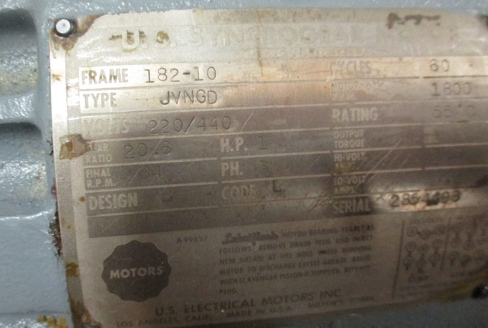 US Motors JVNGD Syncrogear 1 HP, 84 Final RPM Out, 3 Ph 220-440V, 182-10 Frame