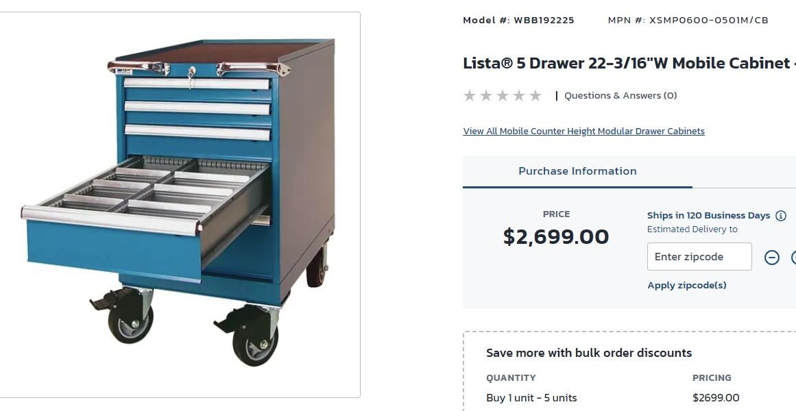 Lista 5 Drawer 22-1/2″W Black Steel Industrial Mobile Storage Cabinet