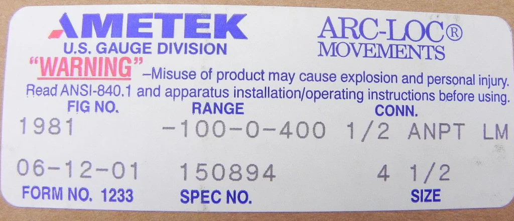 Ametek Pressure Gauge 150894 4-1/2″ -30 to 60 psi