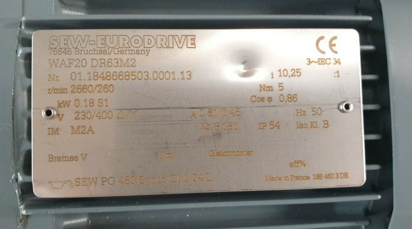 SEW EURODRIVE WAF20DR63M2 01.1848668503.0001.13 GEARMOTOR (R3S2.1)