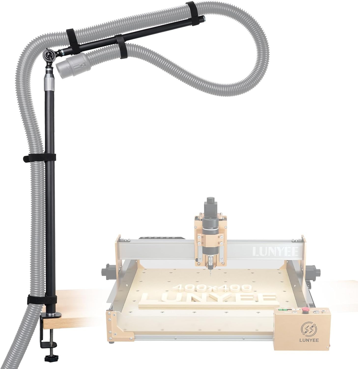 Dust Collection Boom Arm for CNC Router – Adjustable Clamp Mount Hose Holder