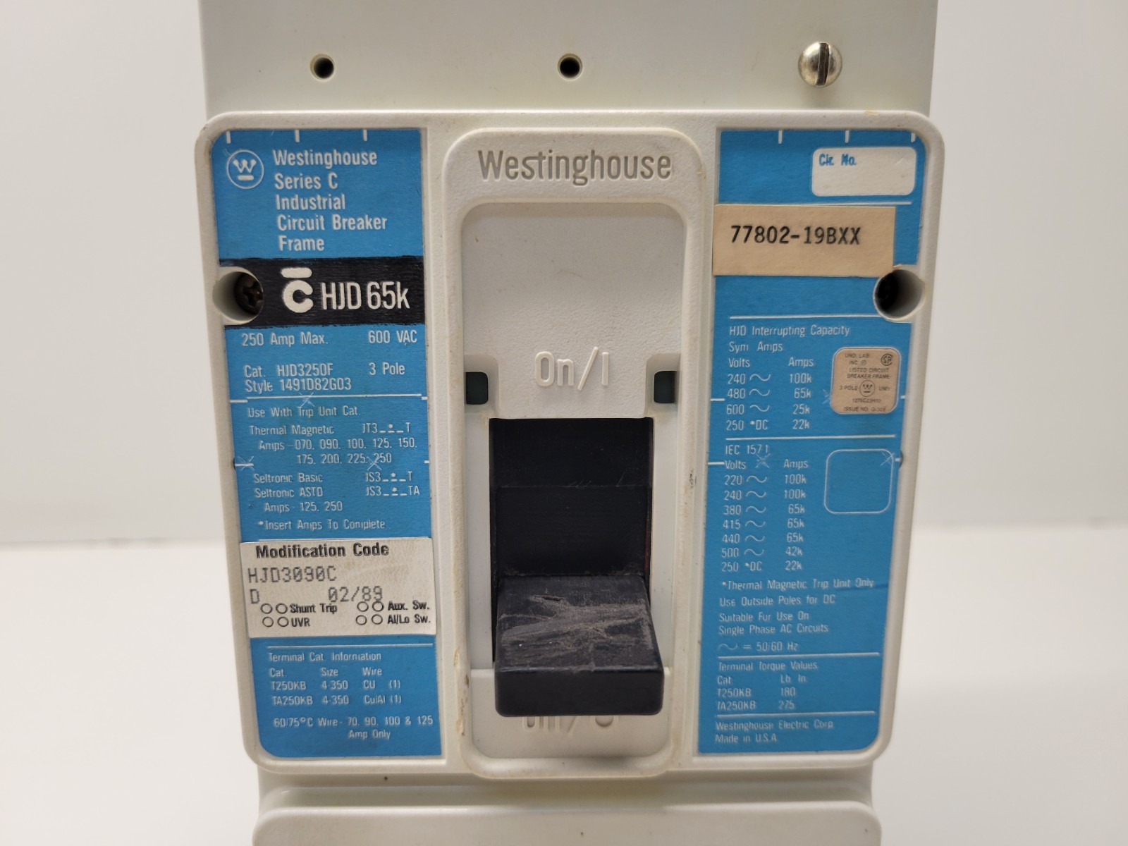 GOOD USED! WESTINGHOUSE 250A 3P CIRCUIT BREAKER HJD3250F MOD HJD3090C