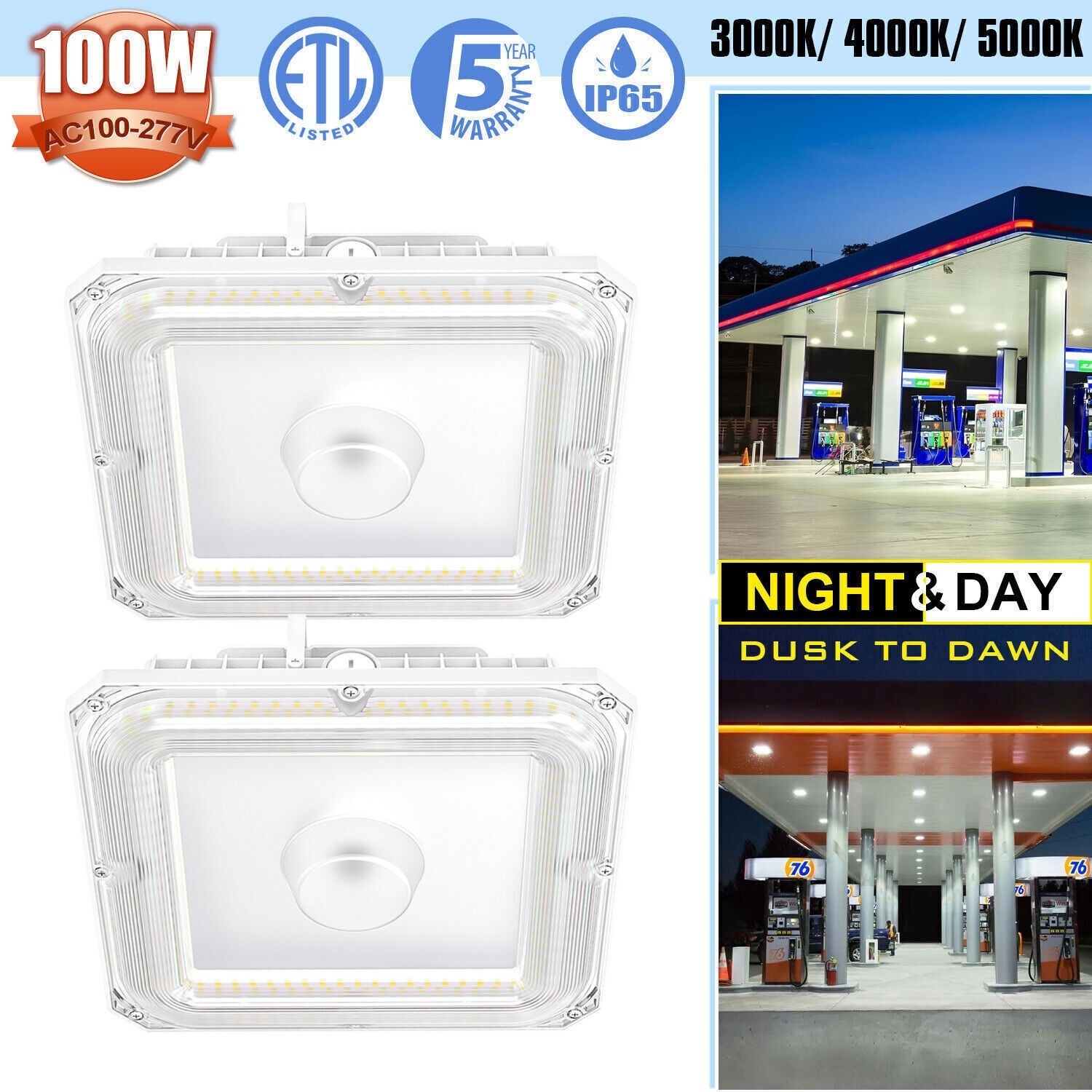 2Pack 100W LED Canopy Light for Parking Lot Gas Station Outdoor Garage Area Lamp