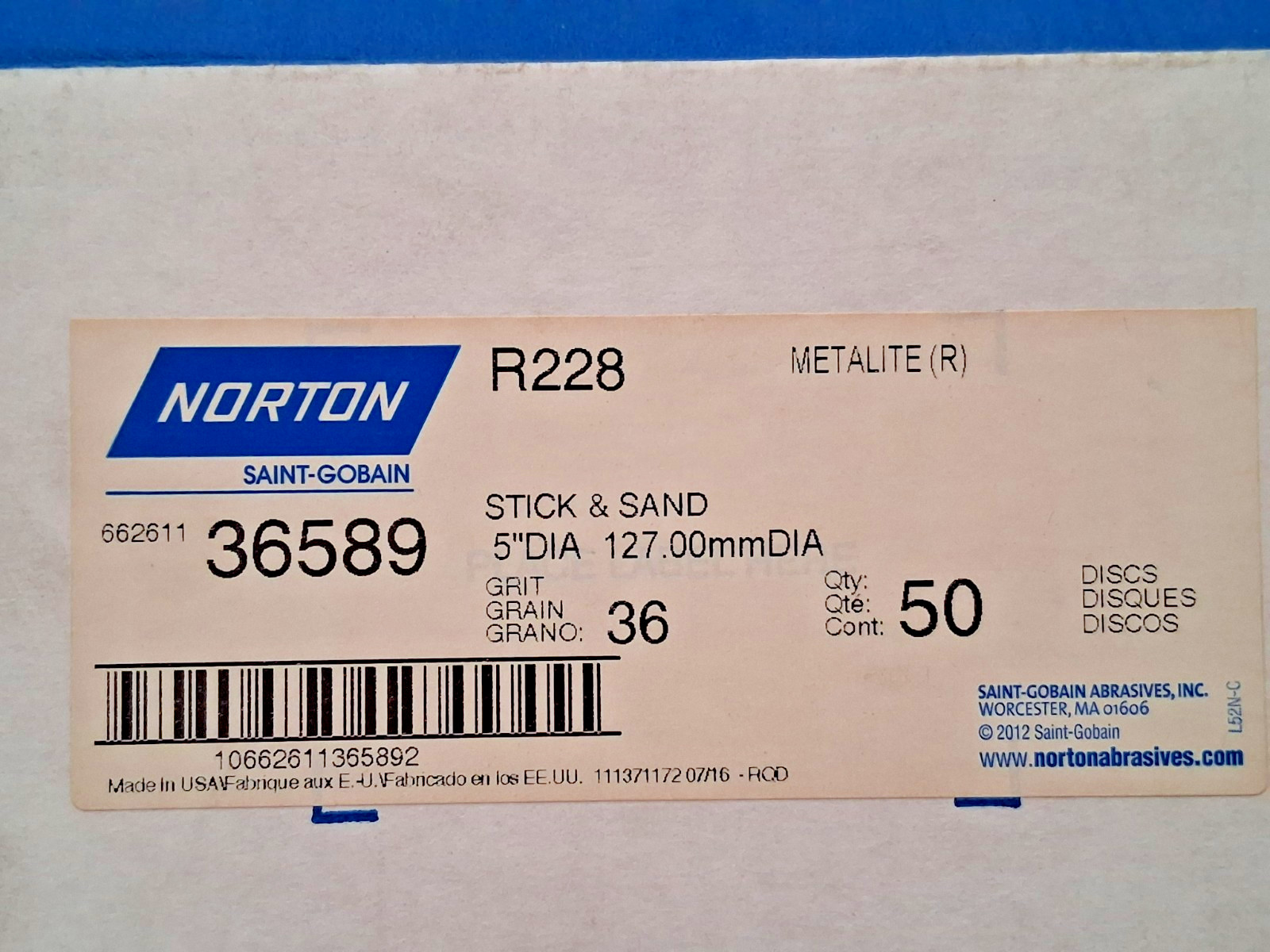 Norton Aluminum Oxide 5″ Dia PSA Discs QTY50 36 Grit 66261136589